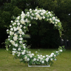 Flower Arch Wedding Backdrop - White Moon-Shaped Artificial Floral Arch | Rolling Up Curtain Flower Arch | AmourBlossom