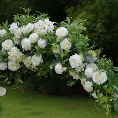 Flower Arch Wedding Backdrop - White Moon-Shaped Artificial Floral Arch | Rolling Up Curtain Flower Arch | AmourBlossom