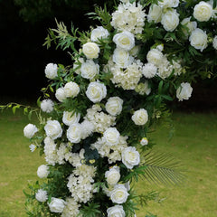 Flower Arch Wedding Backdrop - White Moon-Shaped Artificial Floral Arch | Rolling Up Curtain Flower Arch | AmourBlossom