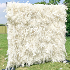 Flower Wall Wedding Backdrop - 8ft x 8ft Realistic 3D Fabric Artificial White Floral Wall | Rolling Up Curtain Flower Wall | AmourBlossom