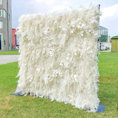 Flower Wall Wedding Backdrop - 8ft x 8ft Realistic 3D Fabric Artificial White Floral Wall | Rolling Up Curtain Flower Wall | AmourBlossom