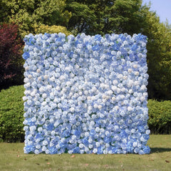 Flower Wall Wedding Backdrop - 8ft x 8ft Realistic 3D Fabric Artificial Blue Floral Wall | Rolling Up Curtain Flower Wall | AmourBlossom