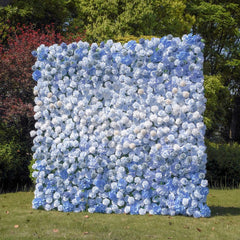 Flower Wall Wedding Backdrop - 8ft x 8ft Realistic 3D Fabric Artificial Blue Floral Wall | Rolling Up Curtain Flower Wall | AmourBlossom