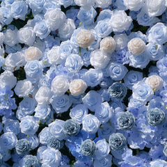 Flower Wall Wedding Backdrop - 8ft x 8ft Realistic 3D Fabric Artificial Blue Floral Wall | Rolling Up Curtain Flower Wall | AmourBlossom