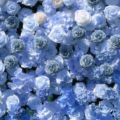 Flower Wall Wedding Backdrop - 8ft x 8ft Realistic 3D Fabric Artificial Blue Floral Wall | Rolling Up Curtain Flower Wall | AmourBlossom