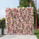 Flower Wall Wedding Backdrop - 8ft x 8ft Realistic 3D Fabric Artificial Pink Floral Wall | Rolling Up Curtain Flower Wall | AmourBlossom