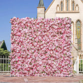 Flower Wall Wedding Backdrop - 8ft x 8ft Realistic 3D Fabric Artificial Pink Rose Floral Wall | Rolling Up Curtain Flower Wall | AmourBlossom