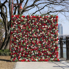 Flower Wall Wedding Backdrop - 8ft x 8ft Realistic 3D Fabric Artificial Red Floral Wall | Rolling Up Curtain Flower Wall | AmourBlossom