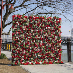 Flower Wall Wedding Backdrop - 8ft x 8ft Realistic 3D Fabric Artificial Red Floral Wall | Rolling Up Curtain Flower Wall | AmourBlossom