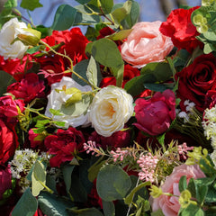 Flower Wall Wedding Backdrop - 8ft x 8ft Realistic 3D Fabric Artificial Red Floral Wall | Rolling Up Curtain Flower Wall | AmourBlossom