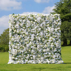 Flower Wall Wedding Backdrop - 8ft x 8ft Realistic 3D Fabric Artificial White Floral Wall | Rolling Up Curtain Flower Wall | AmourBlossom