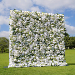 Flower Wall Wedding Backdrop - 8ft x 8ft Realistic 3D Fabric Artificial White Floral Wall | Rolling Up Curtain Flower Wall | AmourBlossom