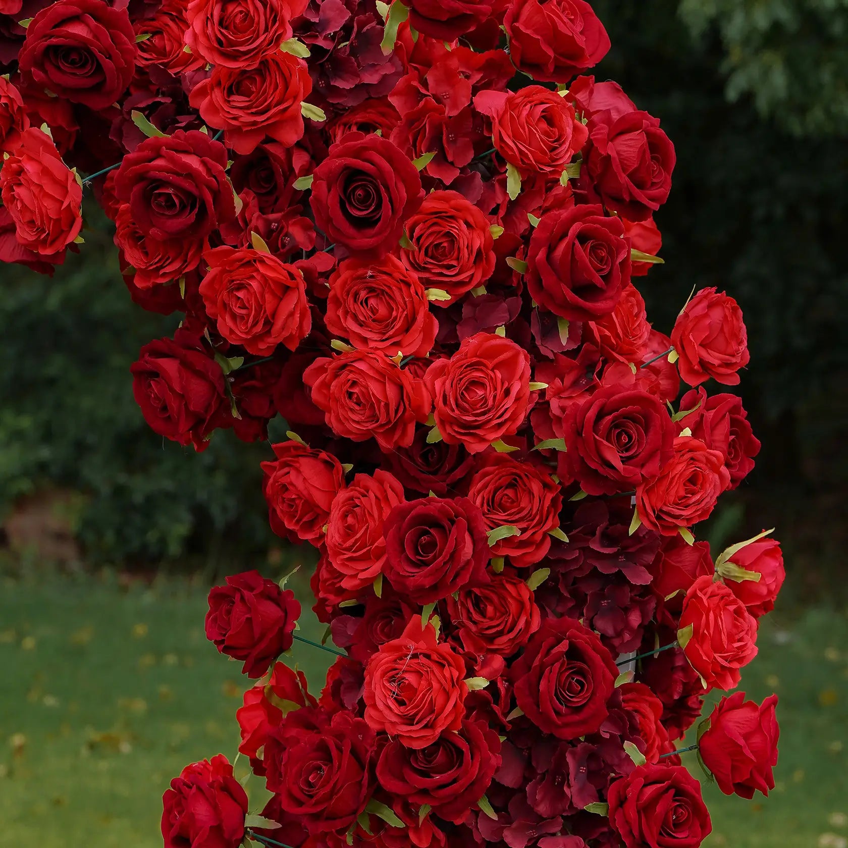 Flower Arch Wedding Backdrop - Red Heart-Shaped Artificial Flower Arch | Rolling Up Curtain Flower Arch | AmourBlossom