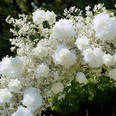 Flower Arch Wedding Backdrop - White Moon-Shaped Artificial Floral Arch | Rolling Up Curtain Flower Arch | AmourBlossom