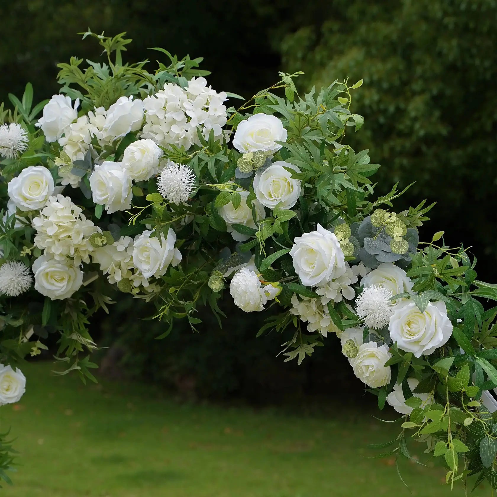 Flower Arch Wedding Backdrop - White Moon-Shaped Artificial Floral Arch | Rolling Up Curtain Flower Arch | AmourBlossom