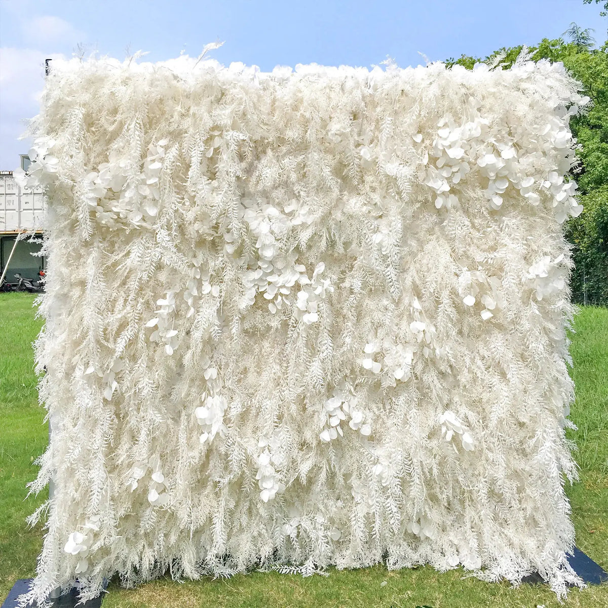 Flower Wall Wedding Backdrop - 8ft x 8ft Realistic 3D Fabric Artificial White Floral Wall | Rolling Up Curtain Flower Wall | AmourBlossom