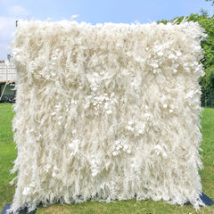 Flower Wall Wedding Backdrop - 8ft x 8ft Realistic 3D Fabric Artificial White Floral Wall | Rolling Up Curtain Flower Wall | AmourBlossom