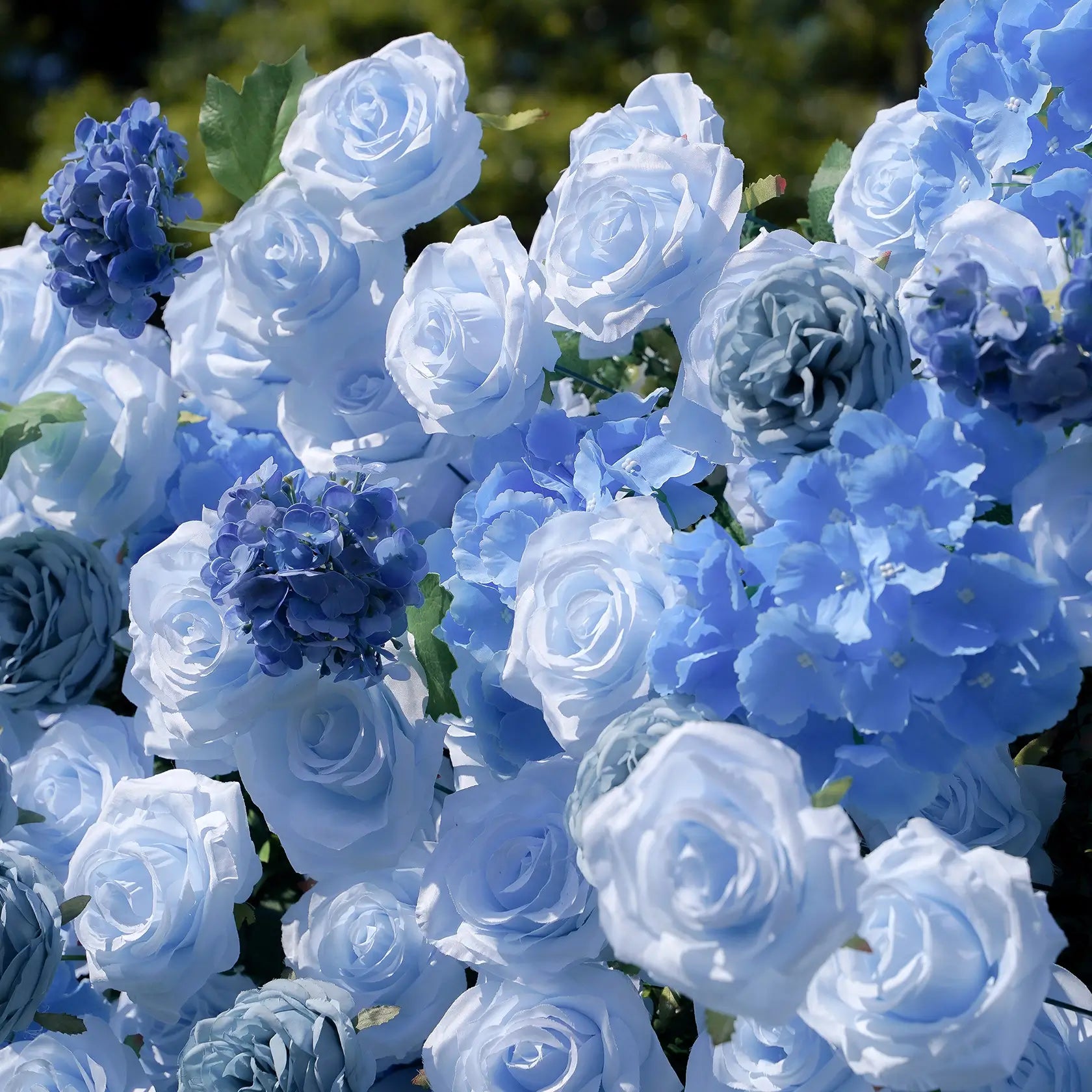 Flower Wall Wedding Backdrop - 8ft x 8ft Realistic 3D Fabric Artificial Blue Floral Wall | Rolling Up Curtain Flower Wall | AmourBlossom