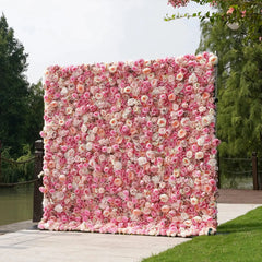 Flower Wall Wedding Backdrop - 8ft x 8ft Realistic 3D Fabric Artificial Pink Floral Wall | Rolling Up Curtain Flower Wall | AmourBlossom