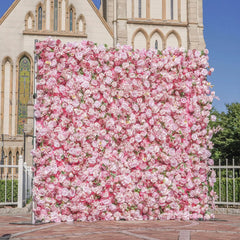 Flower Wall Wedding Backdrop - 8ft x 8ft Realistic 3D Fabric Artificial Pink Rose Floral Wall | Rolling Up Curtain Flower Wall | AmourBlossom