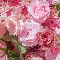 Flower Wall Wedding Backdrop - 8ft x 8ft Realistic 3D Fabric Artificial Pink Rose Floral Wall | Rolling Up Curtain Flower Wall | AmourBlossom