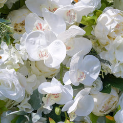 Flower Wall Wedding Backdrop - 8ft x 8ft Realistic 3D Fabric Artificial White Floral Wall | Rolling Up Curtain Flower Wall | AmourBlossom